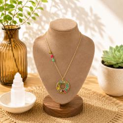 Necklace, Multicoloured Recycled Beads in Circle Pendant