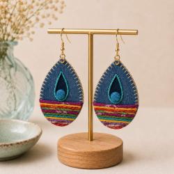 Earrings recycled denim jeans, teardrop with inner teardrop multicoloured bands