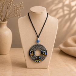 Pendant Necklace Recycled Fabric 3pcs + Aluminium Circle 40cm
