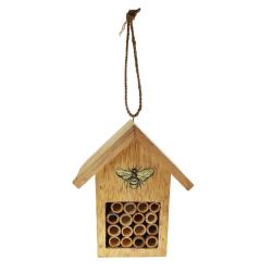 Wood and bamboo bee/bug hotel house shape with sloping roof bee motif 14.5x17x10