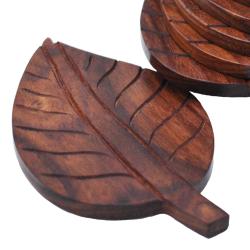 Set of 6 Leaf Shaped Coasters in Holder, Hand Carved Sheesham Wood