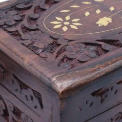 Jewellery/Trinket box, Sheesham Wood Floral Carved + Brass Inlay 15x10cm