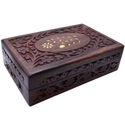 Jewellery/Trinket box, Sheesham Wood Floral Carved + Brass Inlay 20.25x12.5cm