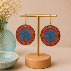 Earrings Round Gold Colour, red blue pattern 3cm diameter