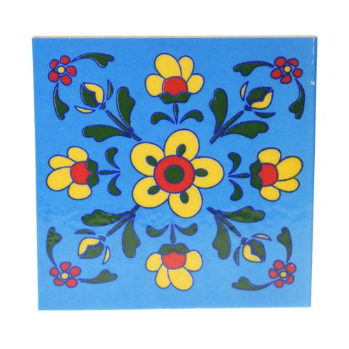 Single square ceramic coaster floral yellow on light blue 10cm