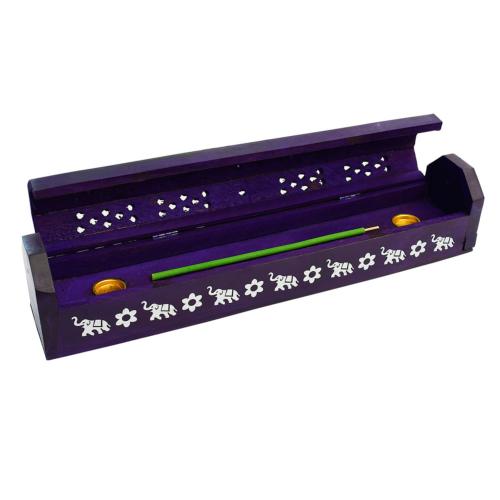 Incense stick and cone smoke box with storage, purple