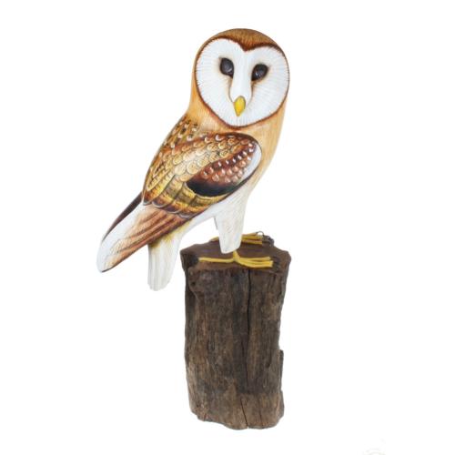 Barn owl on tree trunk, hand carved wooden indoor/garden ornament 39cm