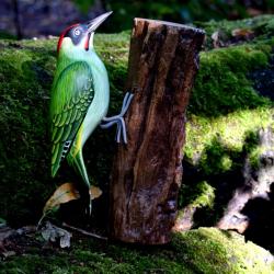 Green woodpecker on tree trunk, hand carved and painted 15 x 10 x 23cm
