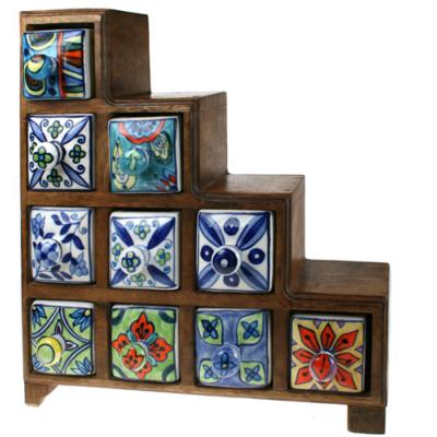 Wooden mini chest, 4+3+2+1 ceramic drawers