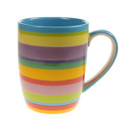 Mug rainbow horizontal stripes blue inner ceramic hand painted