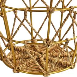 Basket / waste paper holder bin, gold coloured metal + moonj grass 26 x 24cm