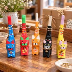 Set of 60 handcarved Cat statues, 3x6x10cm each, with handpainted flower design