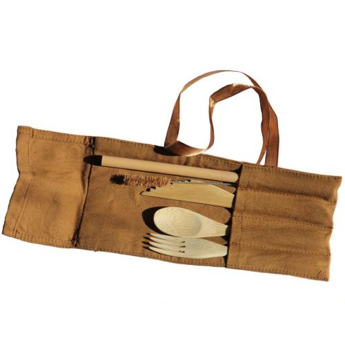 Bamboo cutlery set in brown canvas pouch
