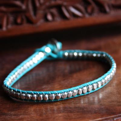 Bracelet blue cord silver colour beads