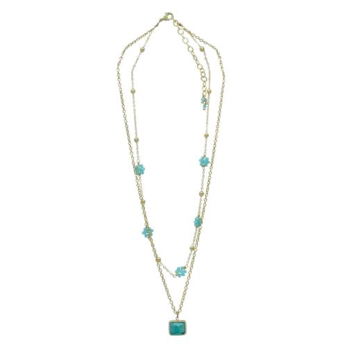 Necklace with Flower Shaped Beads + Jade Colour Stone