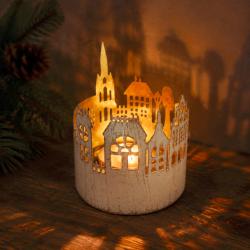 T-lite Candle Holder Whitewashed Metal Village Scene 10x11cm