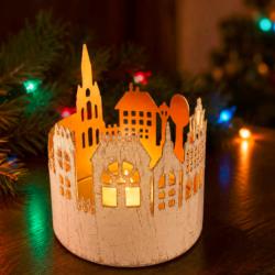 T-lite Candle Holder Whitewashed Metal Village Scene 10x11cm