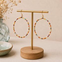 Earrings Hoop with Multicoloured Small Beads 6.5cm diameter