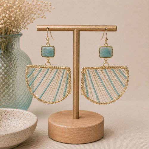 Ear Studs Green Stone and Wire Pattern