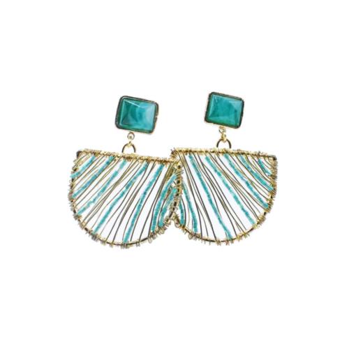 Ear Studs Green Stone and Wire Pattern