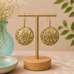 Earrings brass discs with yellow inlay