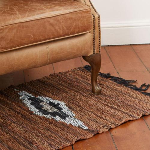 Rag rug recycled leather handmade Aztec brown 60x90cm