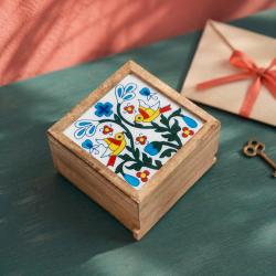 Secret Lock Box Mango Wood with Tile - 2 Birds + Floral