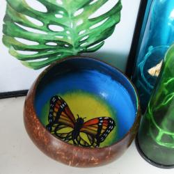 Coconut bowl, painted butterfly