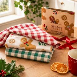 3 Christmas Tea Towels Gift Set Gingerbread Recycled Cotton
