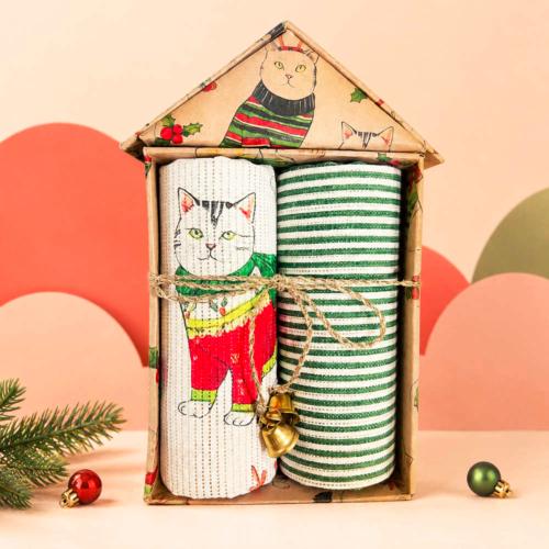 2 Christmas Tea Towels Cat House Gift Set Recycled Cotton