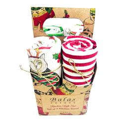 4 Christmas Tea Towels In Carrier Box Recycled Cotton