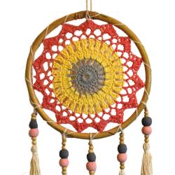Dreamcatcher on bamboo frame, cream tassels, pink yellow blue inner, diameter 17cm