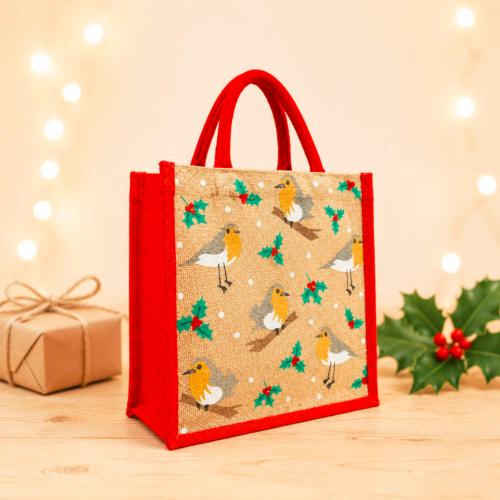Jute shopper or Christmas gift bag, robins design 25x25cm