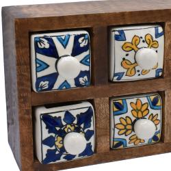 Wooden mini chest with 6 blue yellow & white drawers 24 x 17 x 11.5cm