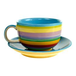 Large tea/coffee cup & saucer rainbow stripes blue inner ceramic hand painted