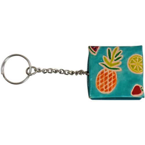 Keyring with leather mini purse, fruits design, 4x4cm