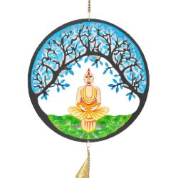 Hanging Windchime Metal Buddha under Tree Blue 20cm diameter