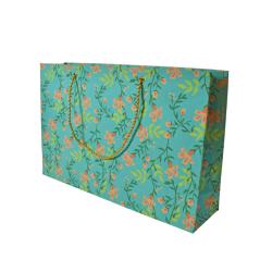Gift Bag Handmade Paper Floral Design on Teal 31 x 20 x 7.5cm