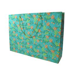 Gift Bag Handmade Paper Floral Design on Teal 38 x 28 x 10cm