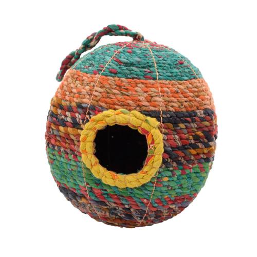 Bird house, woven recycled saris on frame, oval