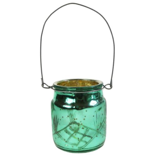 T-lite candle holder with wire hanging recycled glass turquoise 6x7cm