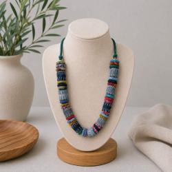 Necklace recycled denim jeans, multicoloured chunks & circles green cord