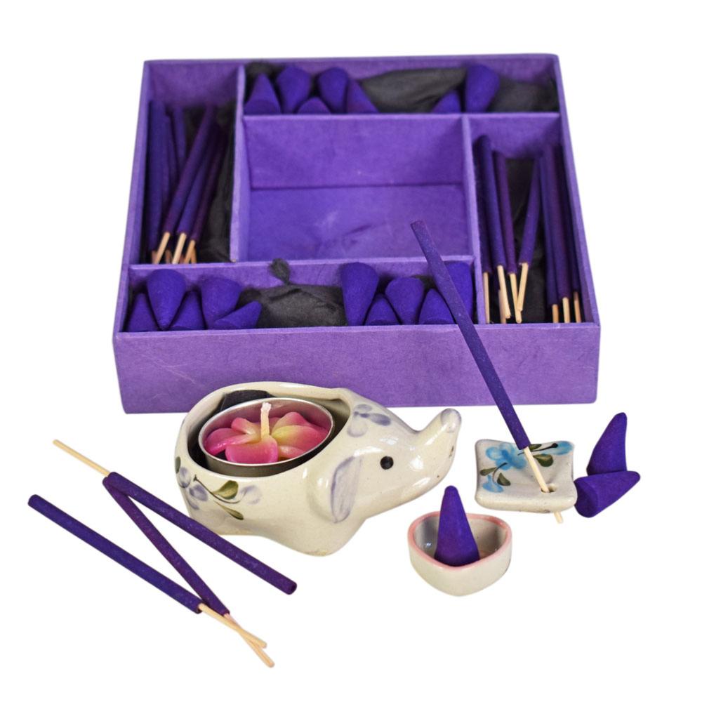 Lavender incense and candle gift set with elephant shaped tlight, 15x15 cm