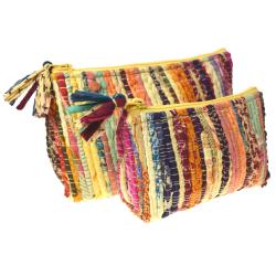 Set of 2 rag chindi pouch bags recycled sari base colour yellow 24x14 & 18x12cm
