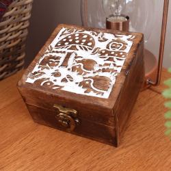 Jewellery/Trinket box, Mango wood, mushroom, and hedgehog design 10 x 10cms