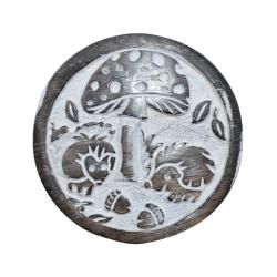 Single coaster, Mango wood, mushroom, and hedgehog design 10.5cm diameter
