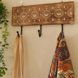 Wall Hook / Coat Hanger Triple, Moon Design, Mango Wood 30x16x5cm