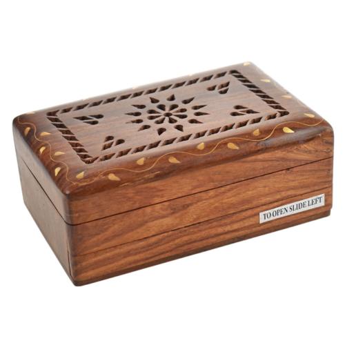 Secret Lock Box Hand Carved Sheesham Wood with Brass Inlay & Mandala 15x9.5x5.5cm