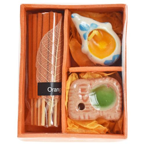 Orange incense and candle giftset with elephant shaped t-light, 8.5 x 7 x 4cm
