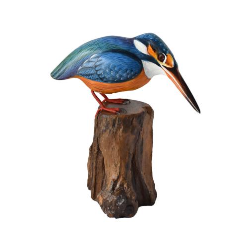 Kingfisher on tree trunk, hand carved wooden indoor/garden ornament 16cm